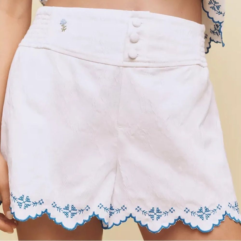 NWT Maeve White Shorts with Blue Embroidery Scallop-Hem Bloomer Shorts in XL